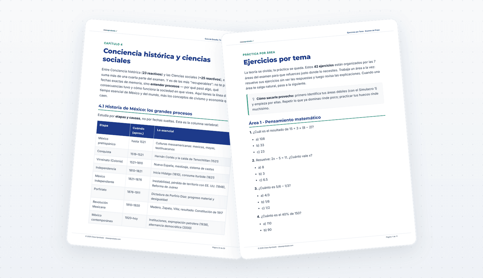 Páginas de ejemplo de la guía: resúmenes por tema y ejercicios con respuestas explicadas