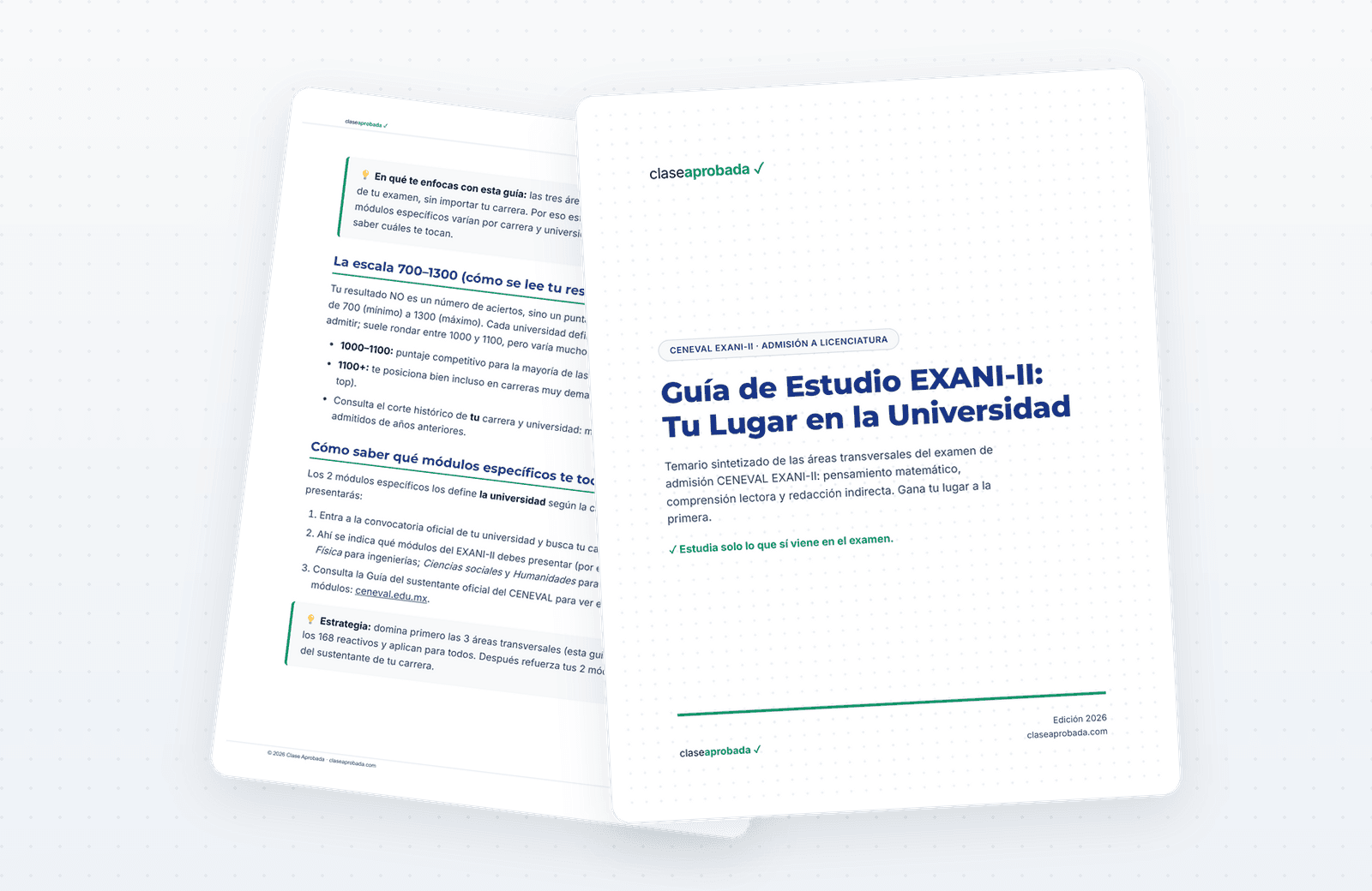 Vista previa de la Guía EXANI-II Clase Aprobada y el simulador en un celular